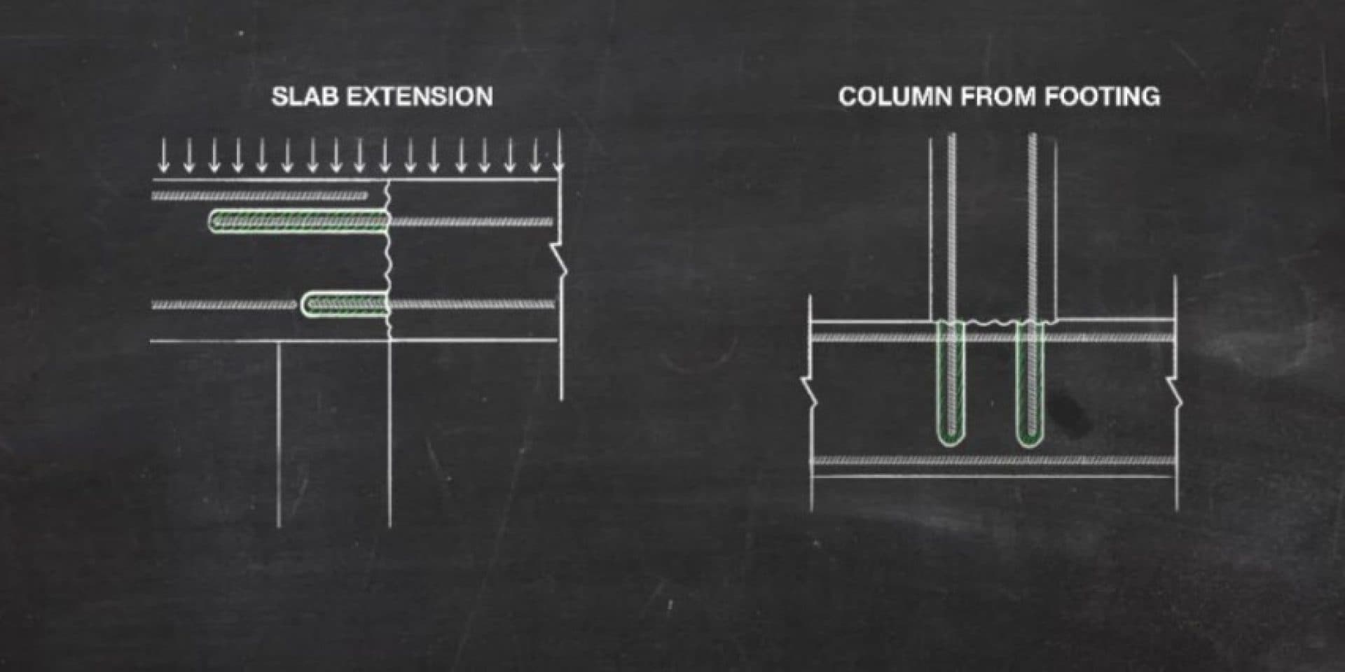 Post-installed rebar application in slab extension and column extension.