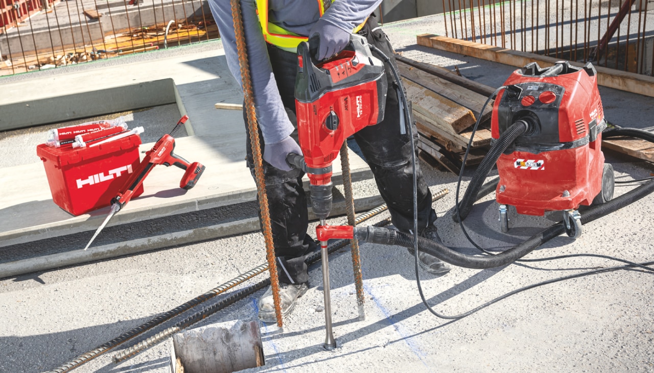 SafeSet installation of post-installed rebar using the TE 70-ATC/AVR SDS Max (TE-Y) rotary hammer, a hollow drill bit and HIT-HY 200-R V3 mortar