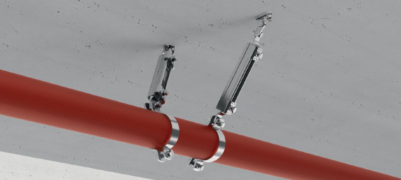 MQS-SP-T Galvanised pre-assembled strut channel connector with FM approval for transversal seismic bracing of fire sprinkler pipes Applications 1