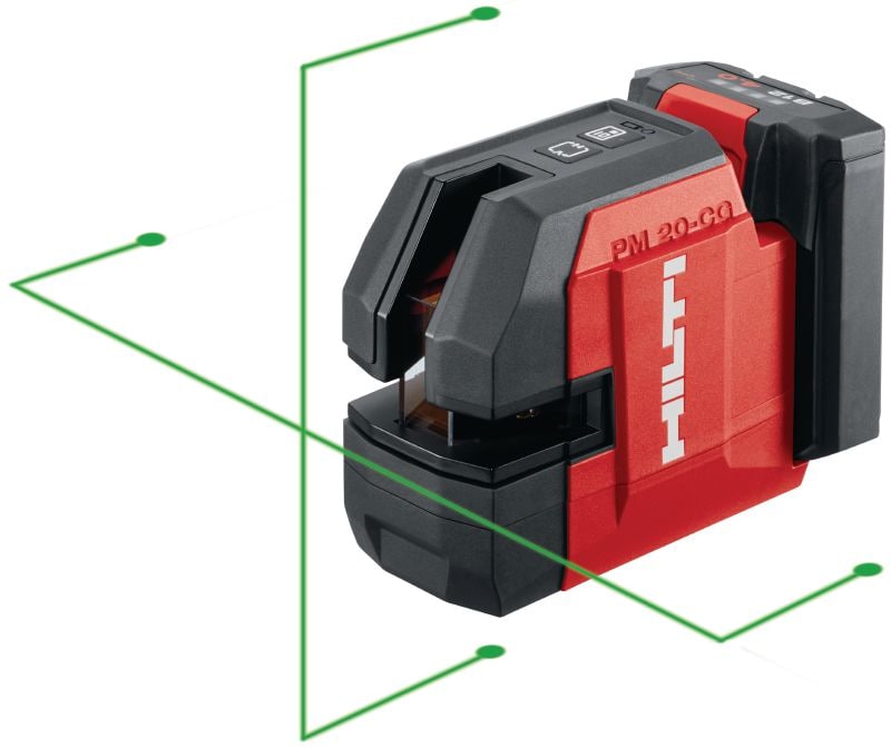 PM 20-CG 12V Plumb and cross line laser Green beam combi-laser with 2 queues and 4 points for plumbing, leveling, aligning and squaring (12V battery platform)