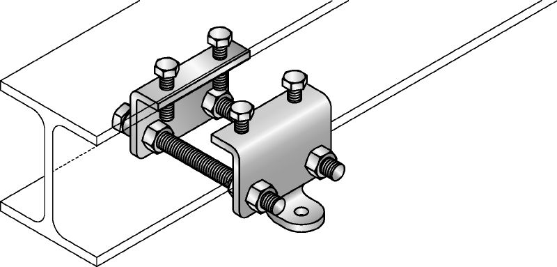 MQS-IB Beam connector Galvanised pre-assembled beam connector with FM approval for seismic bracing of fire sprinkler pipes on steel structures